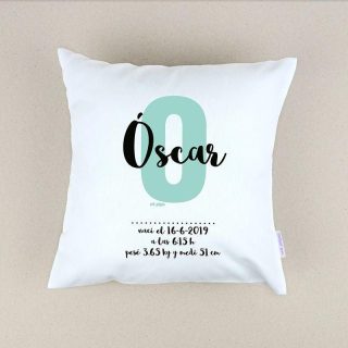 Cojín Personalizado Datos Nacimiento Bebé Mi Pipo Inicial Menta