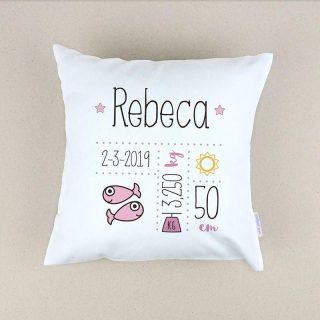 Cojín Personalizado Datos Nacimiento Bebé Mi Pipo Horoscopo Rosa