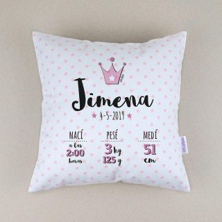 Cojín Personalizado Datos Nacimiento Bebé Mi Pipo Corona Rosa
