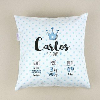 Cojín Personalizado Datos Nacimiento Bebé Mi Pipo Corona Azul