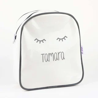 Mochila Personalizada Charol Blanco Pestañas Mi Pipo