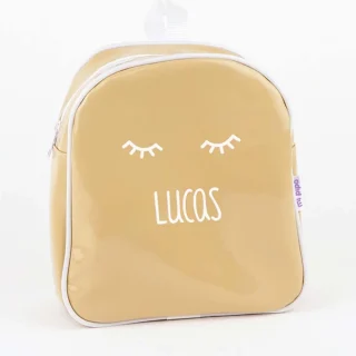 Mochila Personalizada Charol Pestañas Camel Mi Pipo