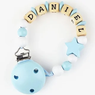 Chupetero Madera Cadenita Personalizada Mi Pipo Estrella Celeste