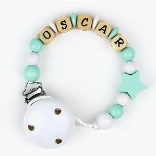 Chupetero Madera Cadenita Personalizada Mi Pipo Estrella Menta