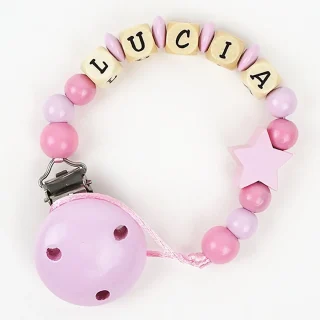 Chupetero Madera Cadenita Personalizada Mi Pipo Estrella Rosas