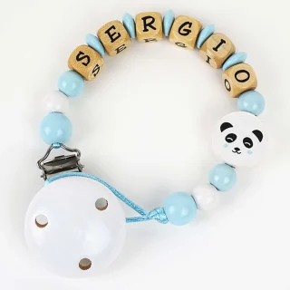 Chupetero Madera Cadenita Personalizada Mi Pipo Panda Celeste