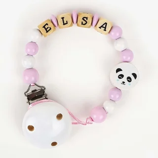 Chupetero Madera Cadenita Personalizada Mi Pipo Panda Rosa
