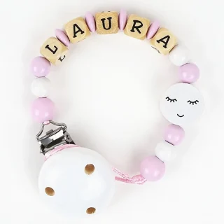 Chupetero Madera Cadenita Personalizada Mi Pipo Pestañas Rosa