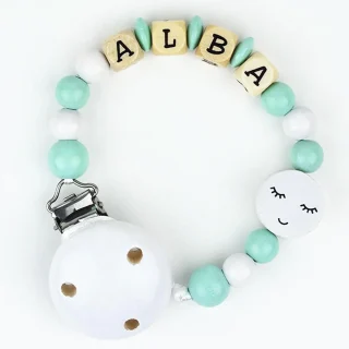 Chupetero Madera Cadenita Personalizada Mi Pipo Pestañas Menta