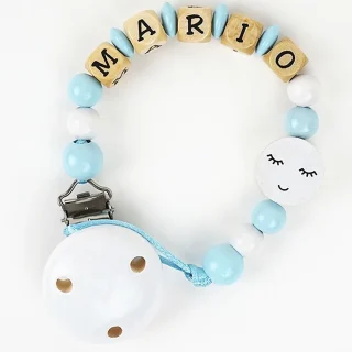 Chupetero Madera Cadenita Personalizada Mi Pipo Pestañas Celeste