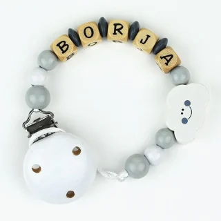 Chupetero Madera Cadenita Personalizada Mi Pipo Nube Gris