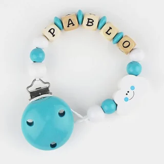 Chupetero Madera Cadenita Personalizada Mi Pipo Nube Turquesa