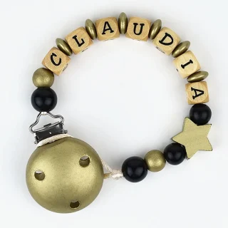 Chupetero Madera Cadenita Personalizada Mi Pipo Dorado/NegroNube Turquesa