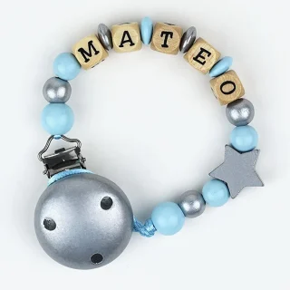 Chupetero Madera Cadenita Personalizada Mi Pipo Plata/Azul