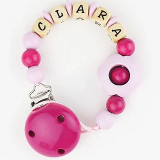 Chupetero Madera Cadenita Personalizada Mi Pipo Flor Fuxia