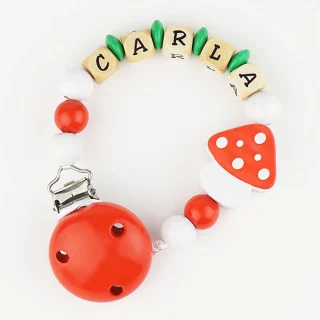 Chupetero Madera Cadenita Personalizada Mi Pipo Seta Roja