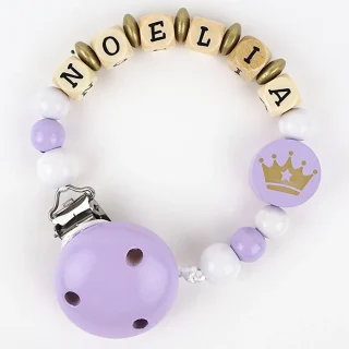 Chupetero Madera Cadenita Personalizada Mi Pipo Corona Malva