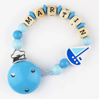 Chupetero Madera Cadenita Personalizada Mi Pipo Barco Azul