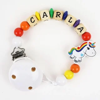 Chupetero Madera Cadenita Personalizada Mi Pipo Unicornio Multicolor