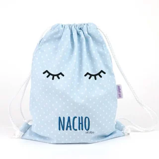 Bolsa Tela Niño Personalizada Petate Mi Pipo Pestañas Celeste
