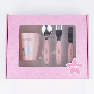 Cubiertos Infantiles y Vaso Personalizados Estrella Rosa