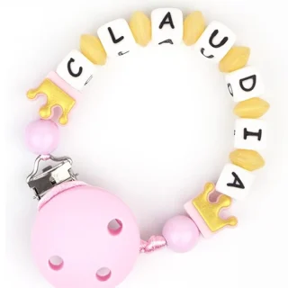 Chupetero Silicona Personalizada Coronas Dorado/Rosa