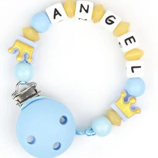 Chupetero Silicona Personalizada Coronas Dorado/Celeste