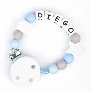 Chupetero Silicona Cadenita Personalizada Mi Pipo Baby Celeste/gris