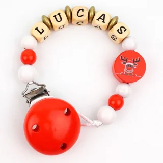 Chupetero Madera Cadenita Personalizada Mi Pipo Navidad Reno Rojo