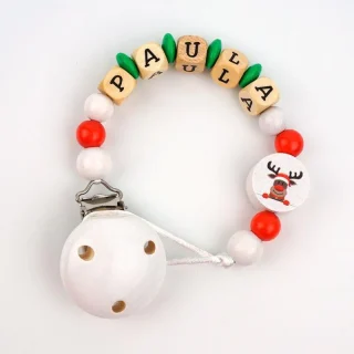 Chupetero Madera Cadenita Personalizada Mi Pipo Navidad Reno Blanco