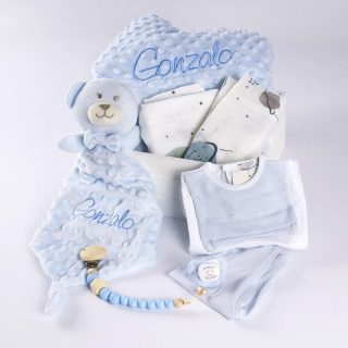 Cesta Regalo Bebé Personalizada Primera Puesta Celeste