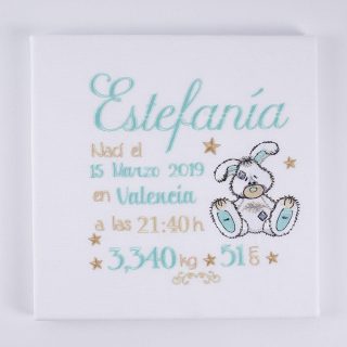 Cuadro Datos Nacimiento Bebé Personalizado Nanetes Conejito Aguamarina