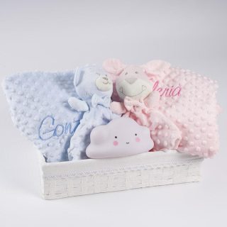 Cesta Regalo para Gemelos Manta con Dou Dou y Lampara Quitamiedos Personalizados Bebé Nanetes