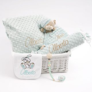 Cesta Regalo Bebe Personalizada Aguamarina Conejito Old Toy Nanetes