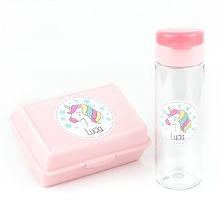 Pack Almuerzo Infantil Fiambrera y Botella Personalizadas Unicornio Rosa Mi Pipo