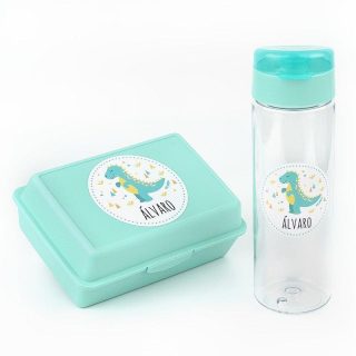 Pack Almuerzo Infantil Fiambrera y Botella Personalizadas Dinosaurio Menta Mi Pipo