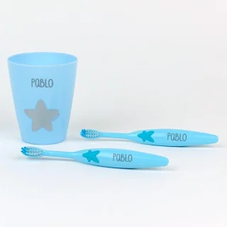 Pack 2 Cepillos de Dientes con Vaso Infantil Personalizados Celeste Mi Pipo