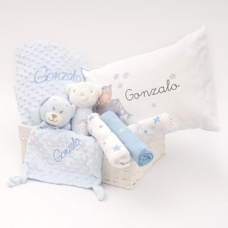 Cesta Regalo Bebé Personalizada Cojín Celeste o Rosa