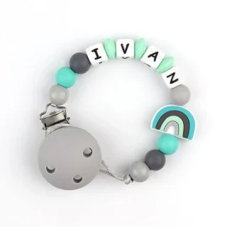 Chupetero Cadenita Silicona Personalizada Mi Pipo Arco Iris Menta