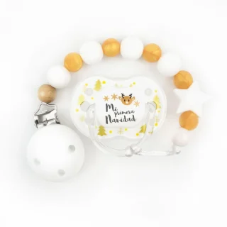 Chupete y chupetero Silicona Primera Navidad dorado