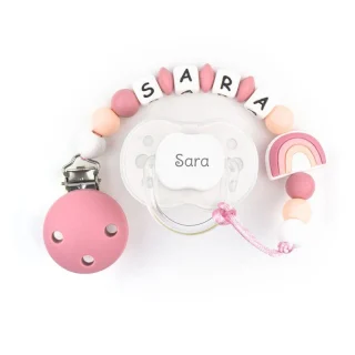 Chupete y chupetero Silicona arcoiris rosa soft