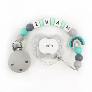 Chupete y chupetero Silicona arcoiris menta