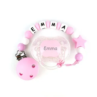 Chupete y chupetero Silicona glitter rosa