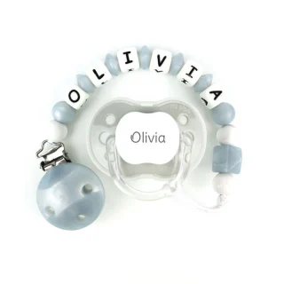 Chupete y chupetero Silicona nacar gris