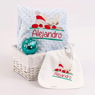 Cesta Regalo Navidad Bebe Personalizada Noel y Rudolf