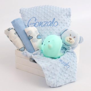 Cesta Regalo Bebe Personalizada Luz Quitamiedos Celeste