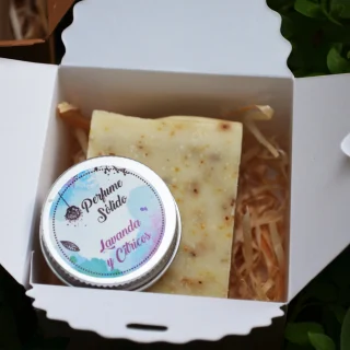 Lote  Pack Jabón natural + Perfume sólido en caja kraft , regalos personalizados , detalles para eventos, boda, comunión, bautizo, etc.