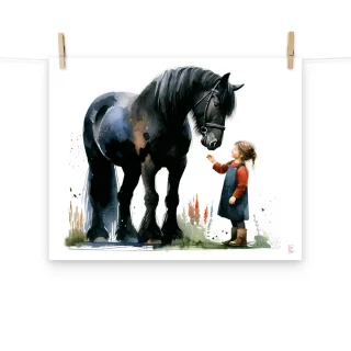 Lamina infantil Caballo negro con niña