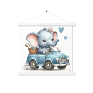 Poster colgador Elefante en coche azul