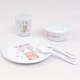 Vajilla Personalizada Infantil con Nombre Globos Rosa Boann